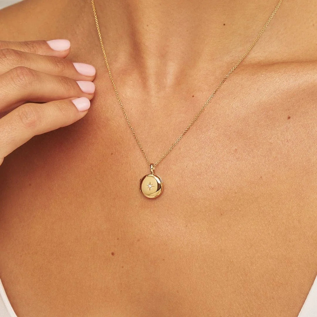 Gold-Tone Small Round Crystal-Style Locket Necklace