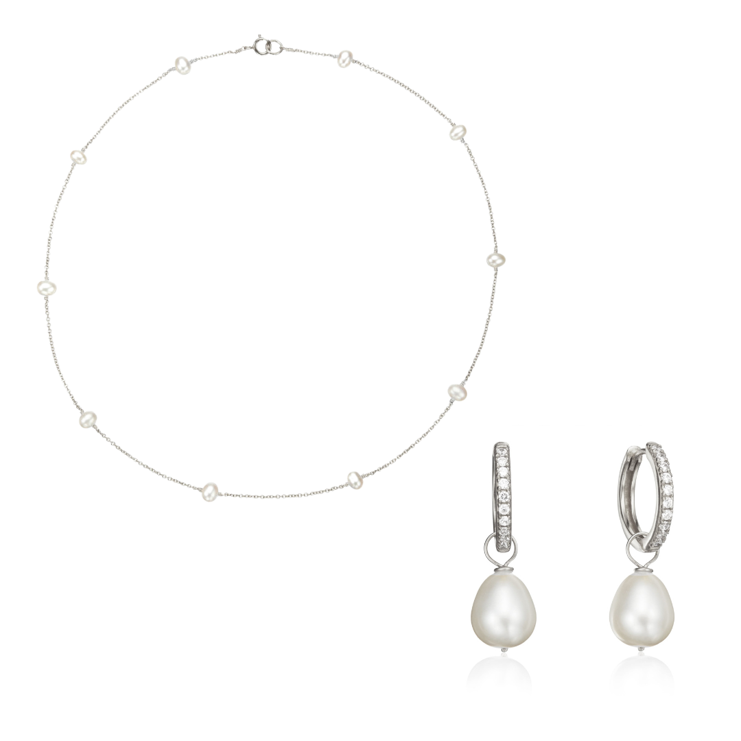 Silver-Tone Crystal-Style Large Pearl-Style Hoop Earrings and Ten Pearl-Style Choker Set