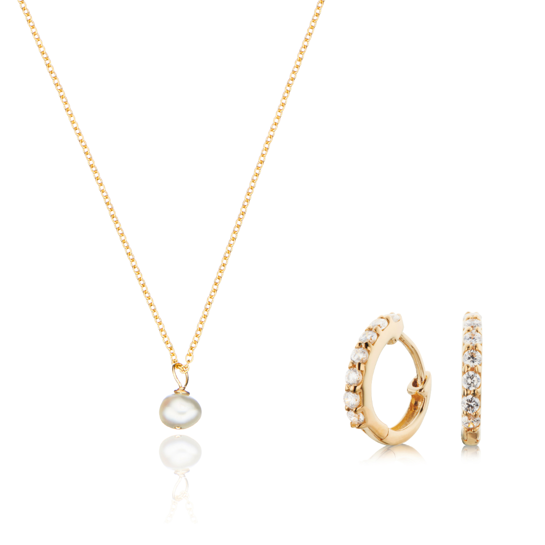 Gold-Tone Crystal-Style Huggie Earrings and Single Pearl-Style Necklace Set