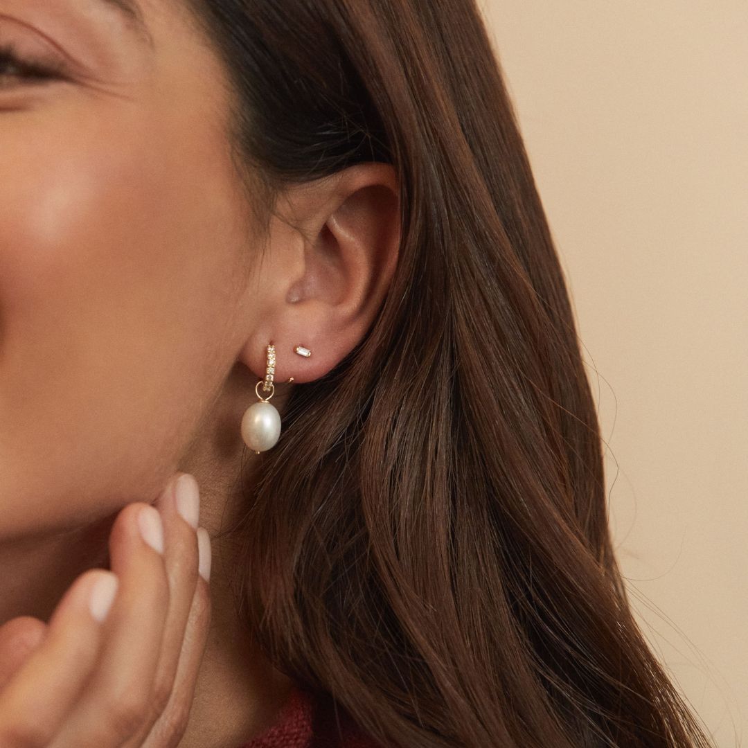 Silver-Tone Pearl-Style Drop Huggie Earrings and Crystal-Style Lobe Earrings Set