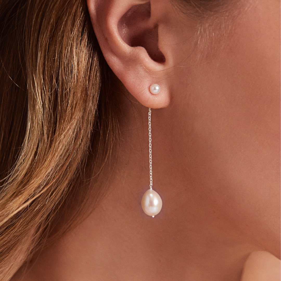 Silver-Tone Large and Small Pearl-Style Drop Stud Earrings