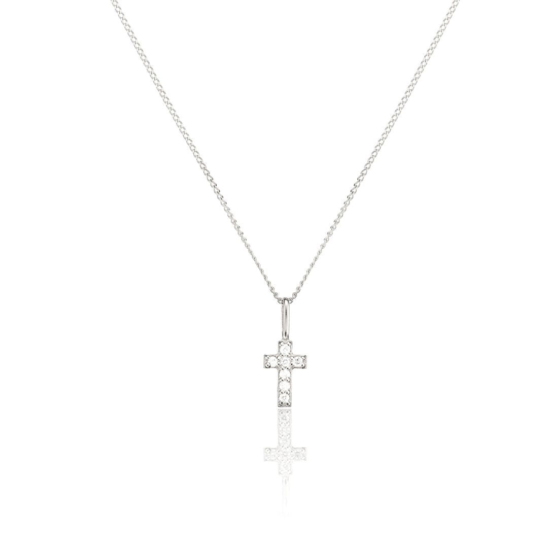 White Gold-Tone Crystal-Style Tiny Cross Necklace