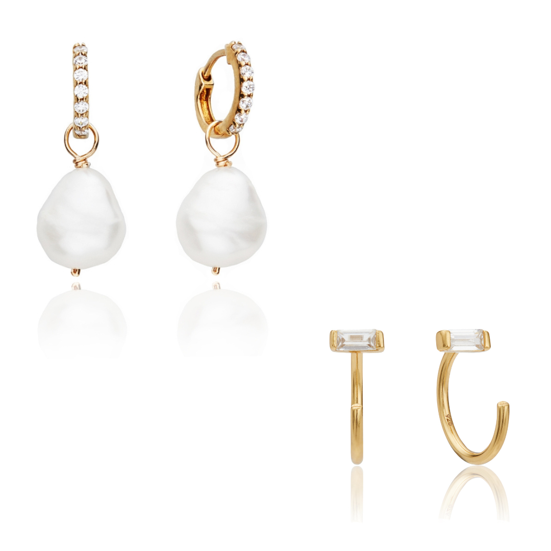 Gold-Tone Pearl-Style Drop Huggie Earrings and Crystal-Style Lobe Earrings Set