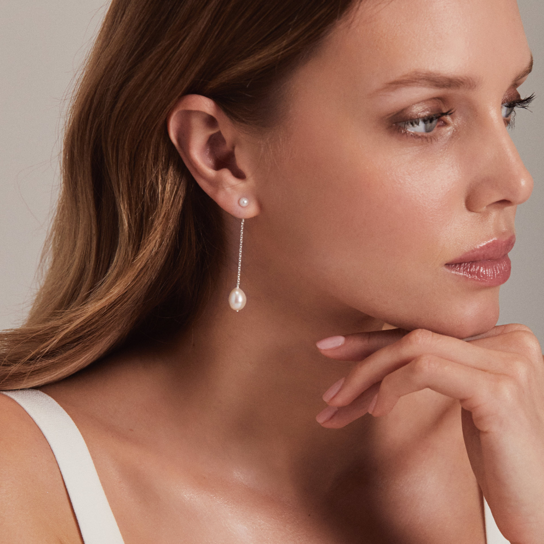 White Gold-Tone Large and Small Pearl-Style Drop Stud Earrings