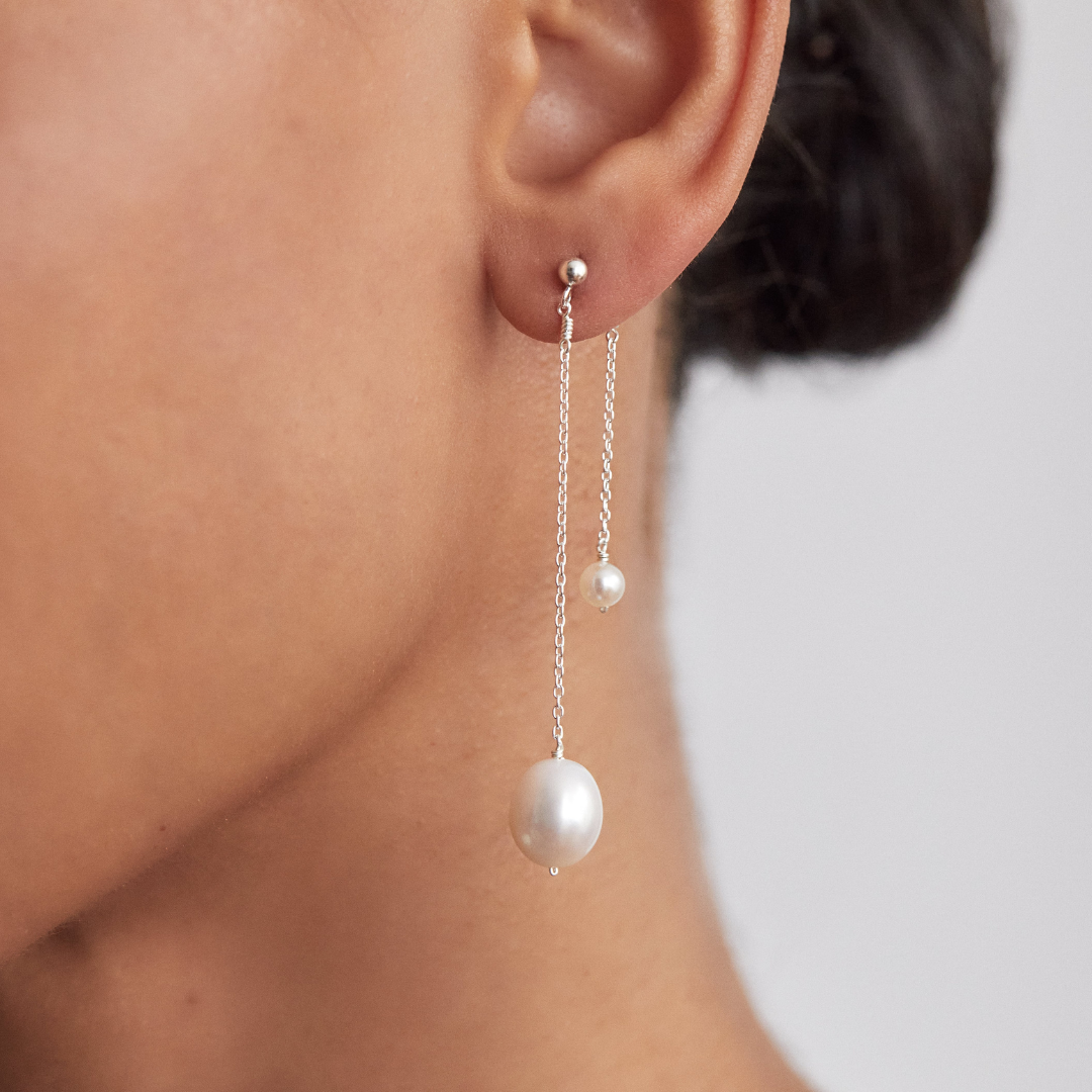 White Gold-Tone Layered Large and Small Pearl-Style Earrings