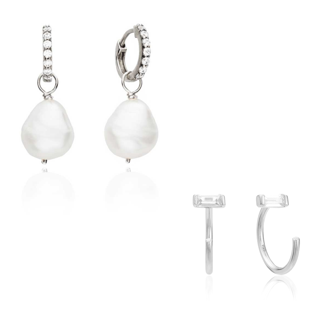 Silver-Tone Pearl-Style Drop Huggie Earrings and Crystal-Style Lobe Earrings Set
