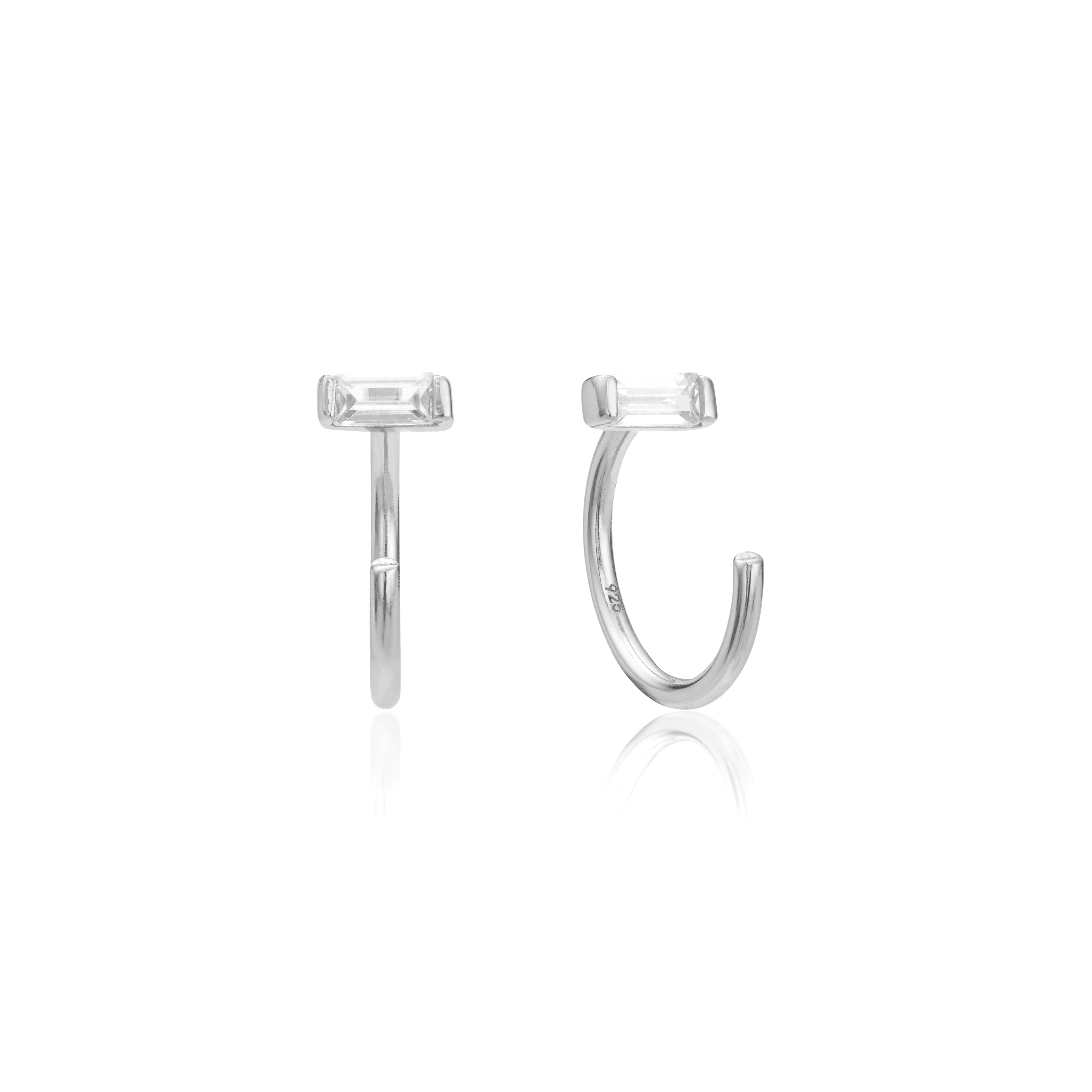 Silver-Tone Baguette Crystal-Style Lobe Hoop Earrings