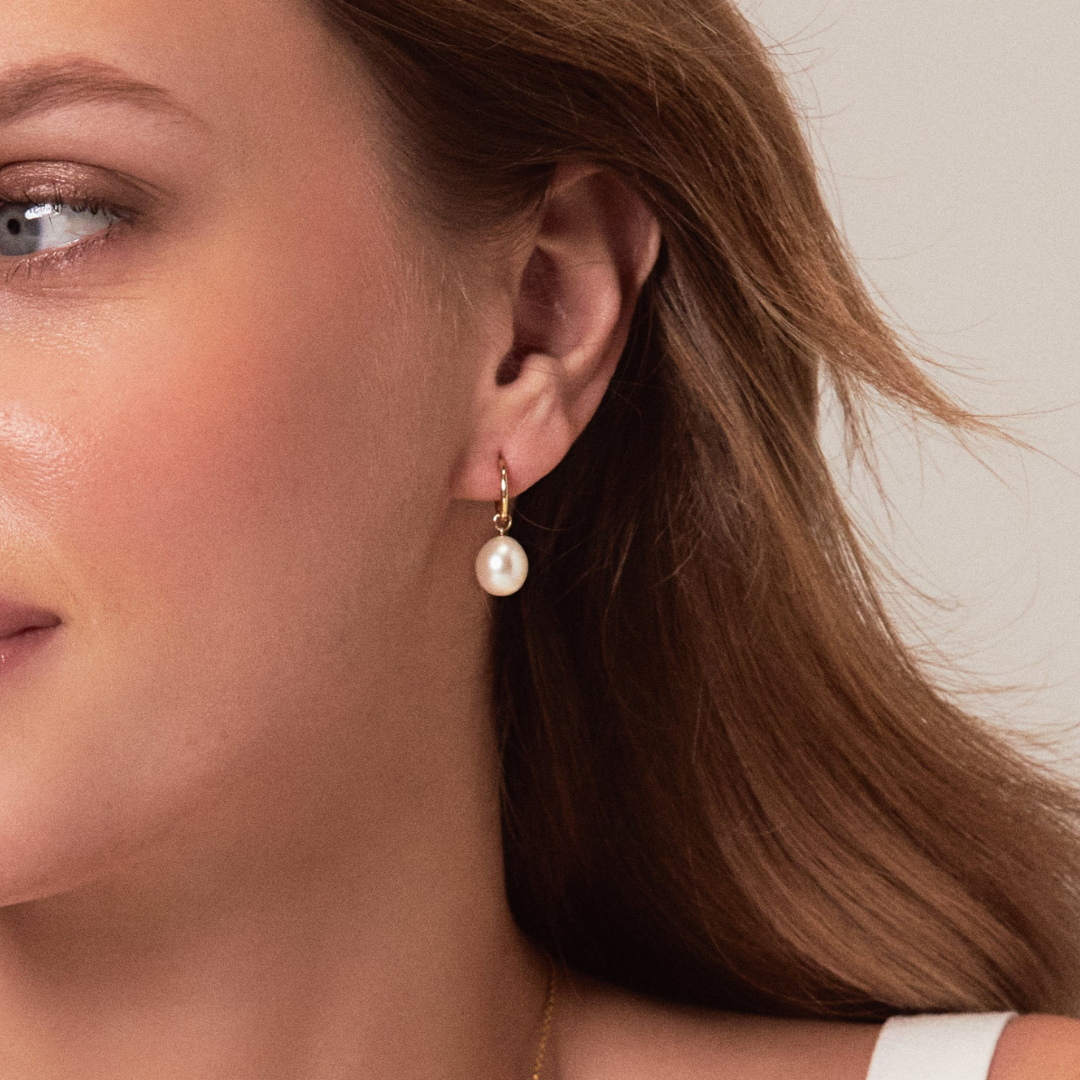 Silver-Tone Round Pearl-Style Drop Huggie Hoop Earrings