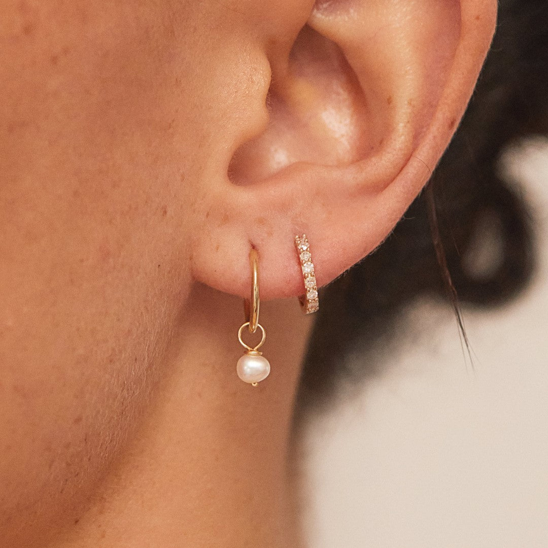 Gold-Tone Crystal-Style Huggie Earrings and Small Pearl-Style Drop Hoop Earrings Set
