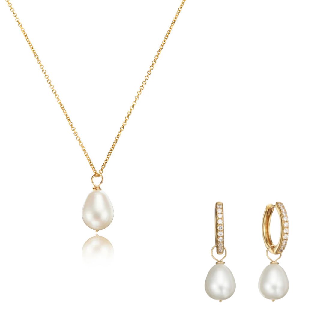 Gold-Tone Crystal-Style Large Pearl-Style Hoop Earrings and Necklace Set