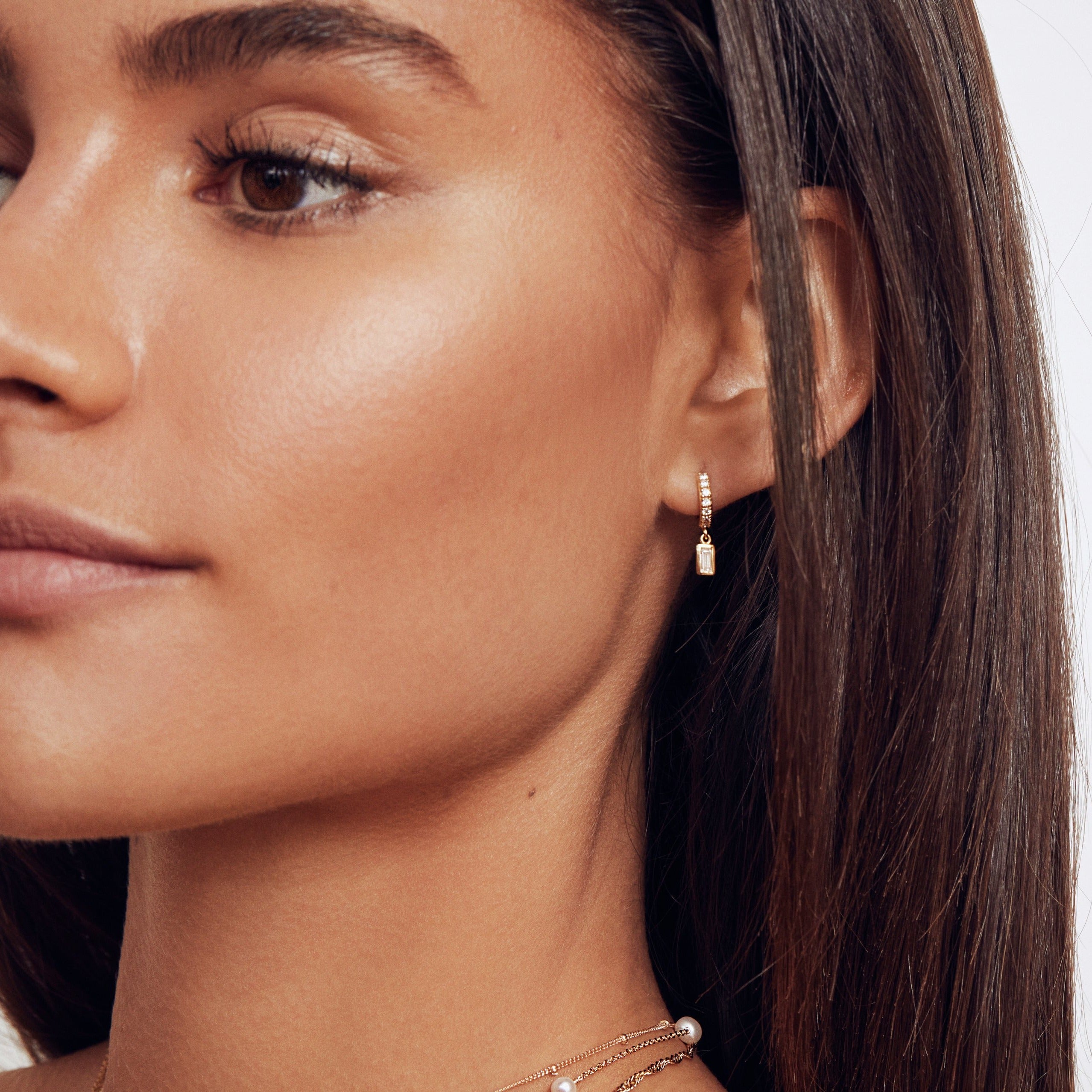 Gold Diamond Style Baguette Drop Huggie Hoop Earrings