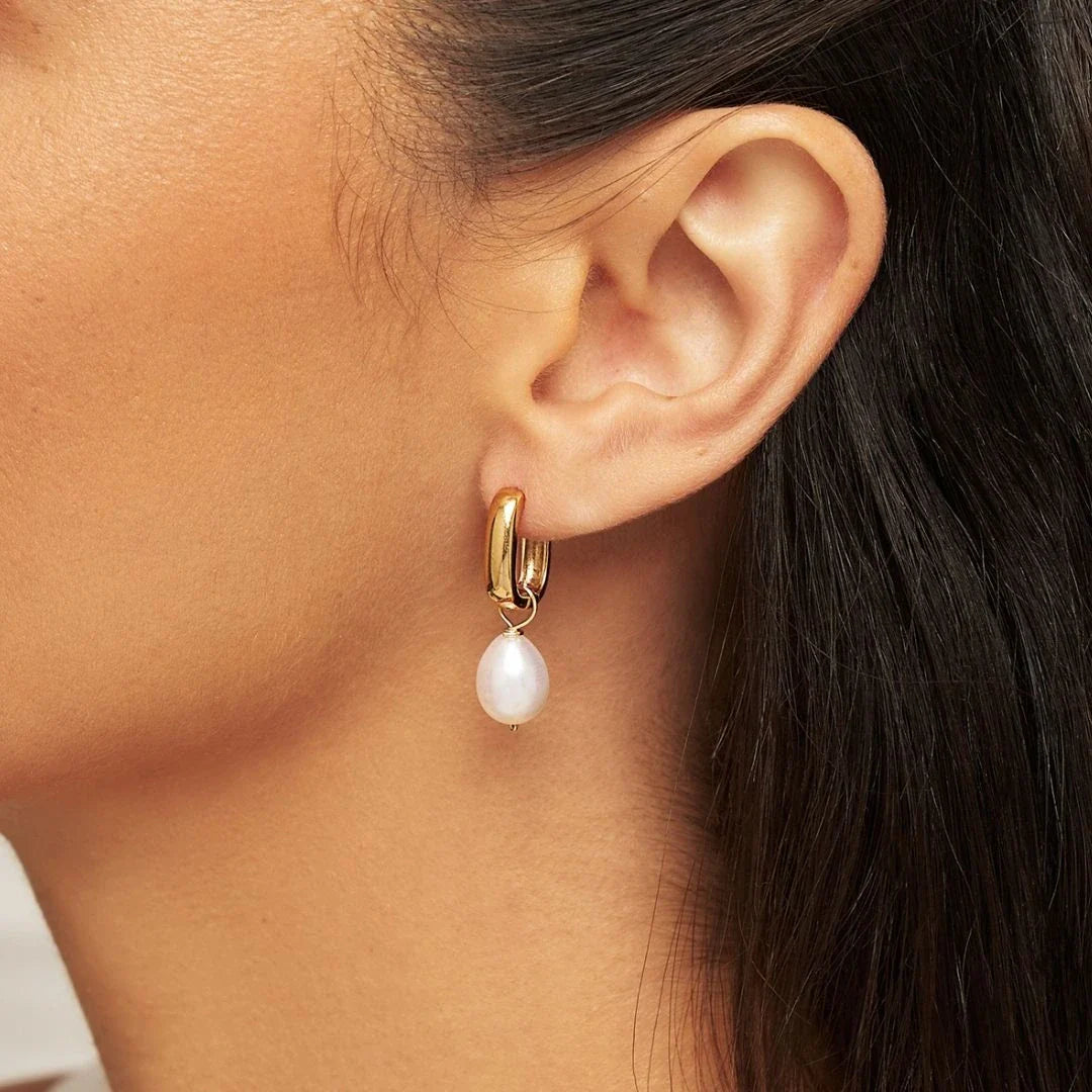 Gold Thick Squared Hoop Pearl Drop Earrings