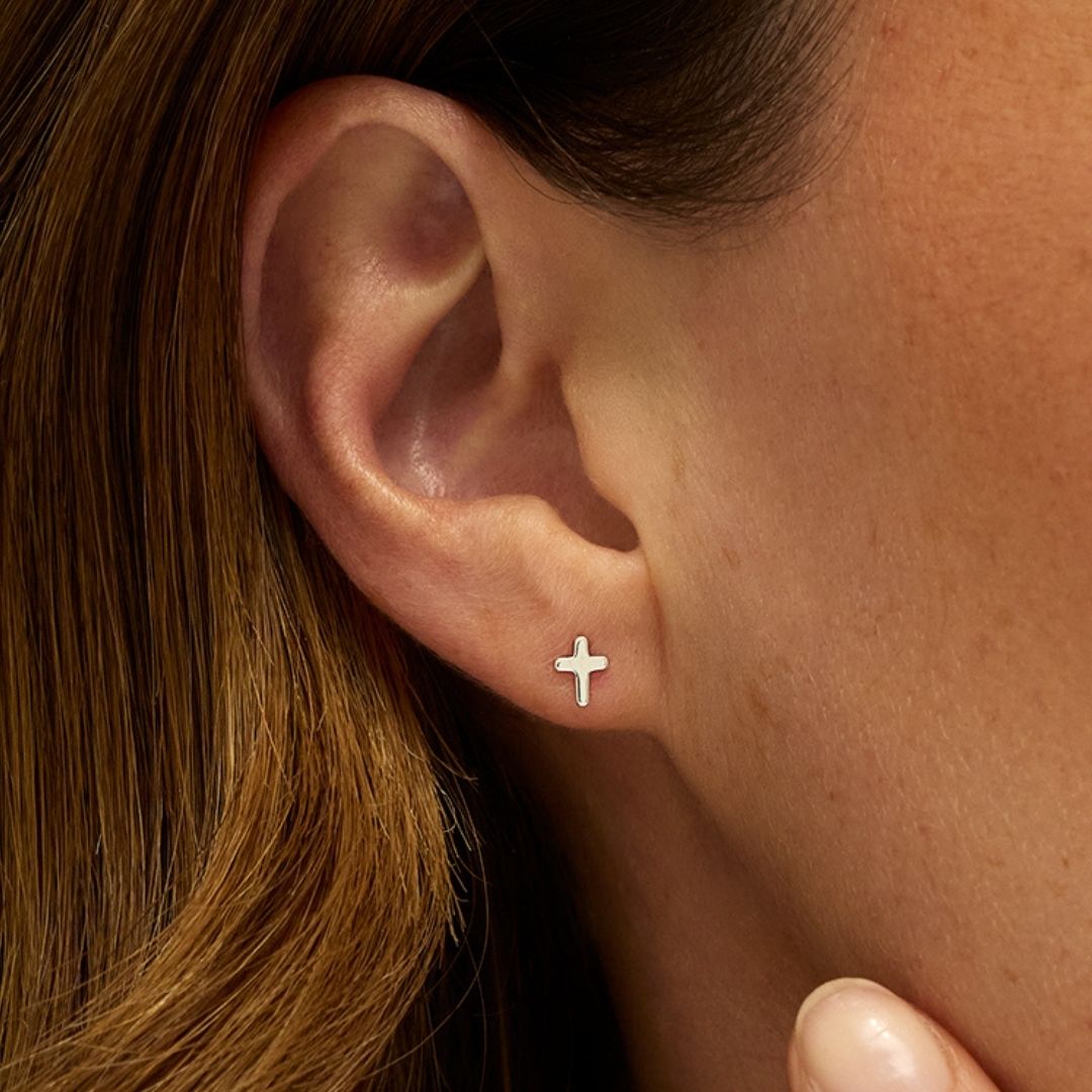 Silver-Tone Tiny Cross Stud Earrings