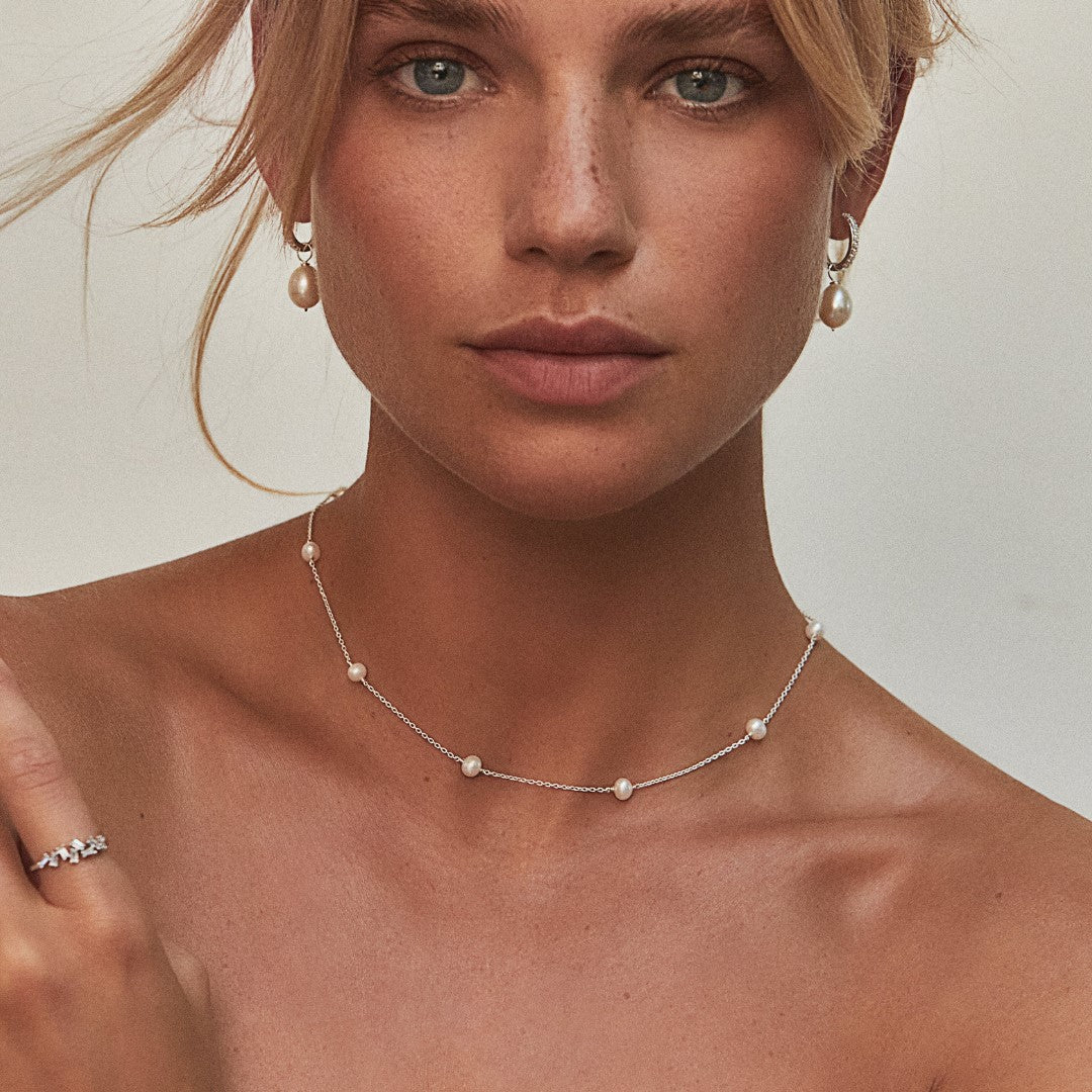 Silver-Tone Crystal-Style Large Pearl-Style Hoop Earrings and Ten Pearl-Style Choker Set