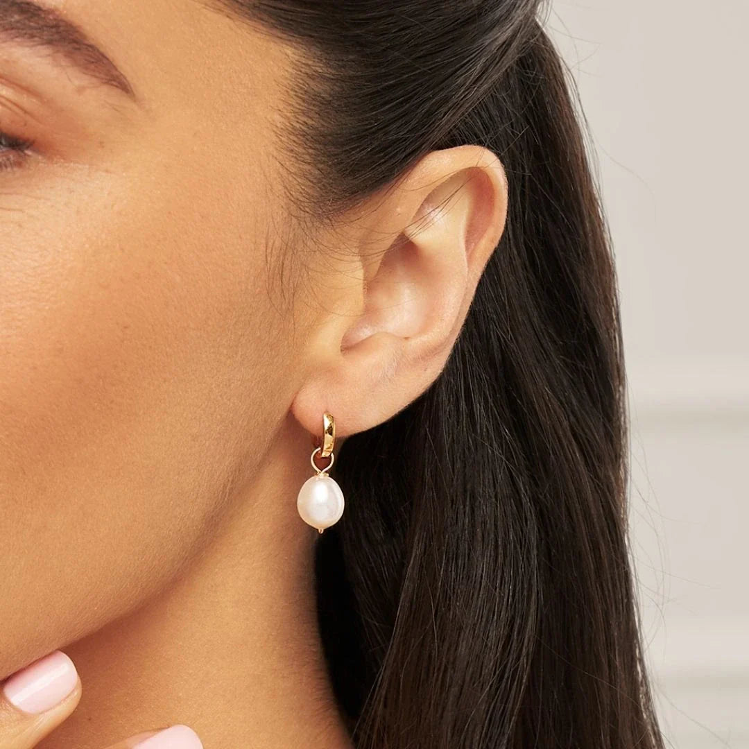 Gold Tone Plain Huggie Pearl Drop Hoop Earrings (Base Metal)