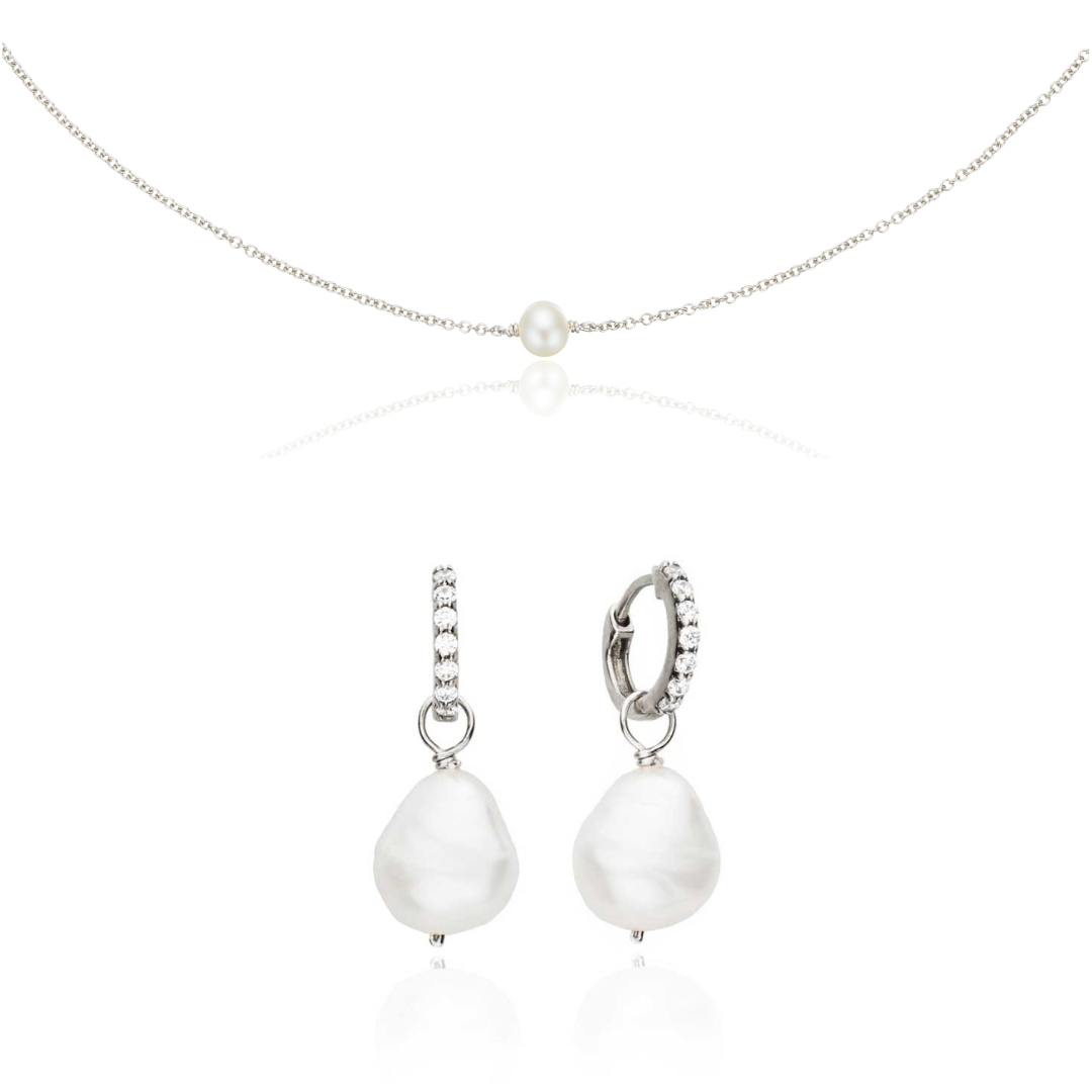 Silver-Tone Pearl-Style Drop Huggie Earrings and Single Pearl-Style Choker Set