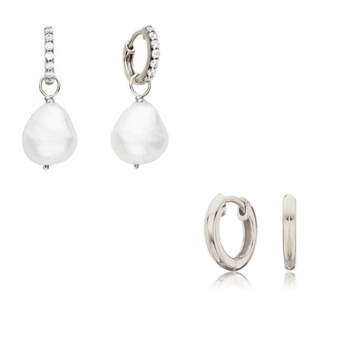 Silver-Tone Pearl-Style Drop Huggie Earrings and Plain Huggie Earrings Set