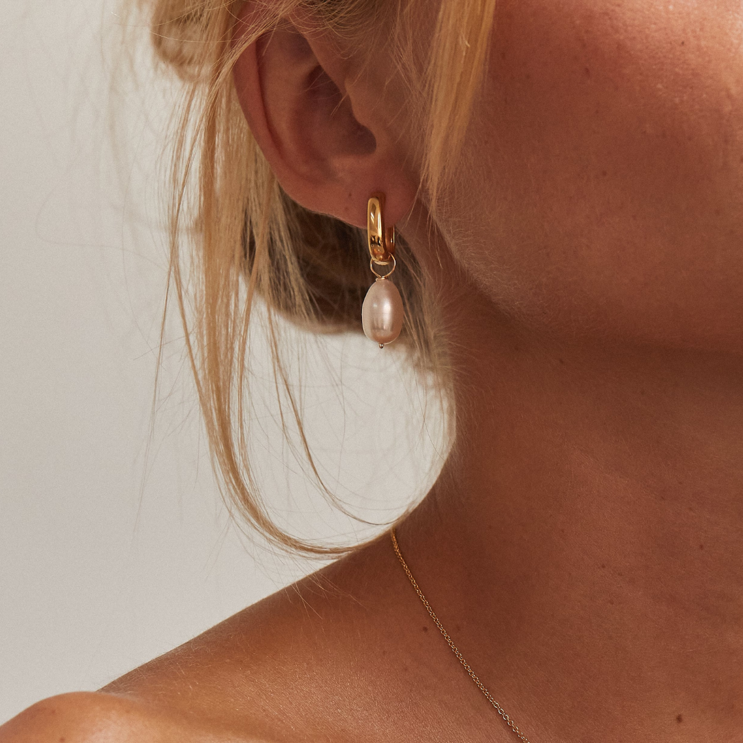 Gold-Tone Thick Squared Hoop Pearl-Style Drop Earrings