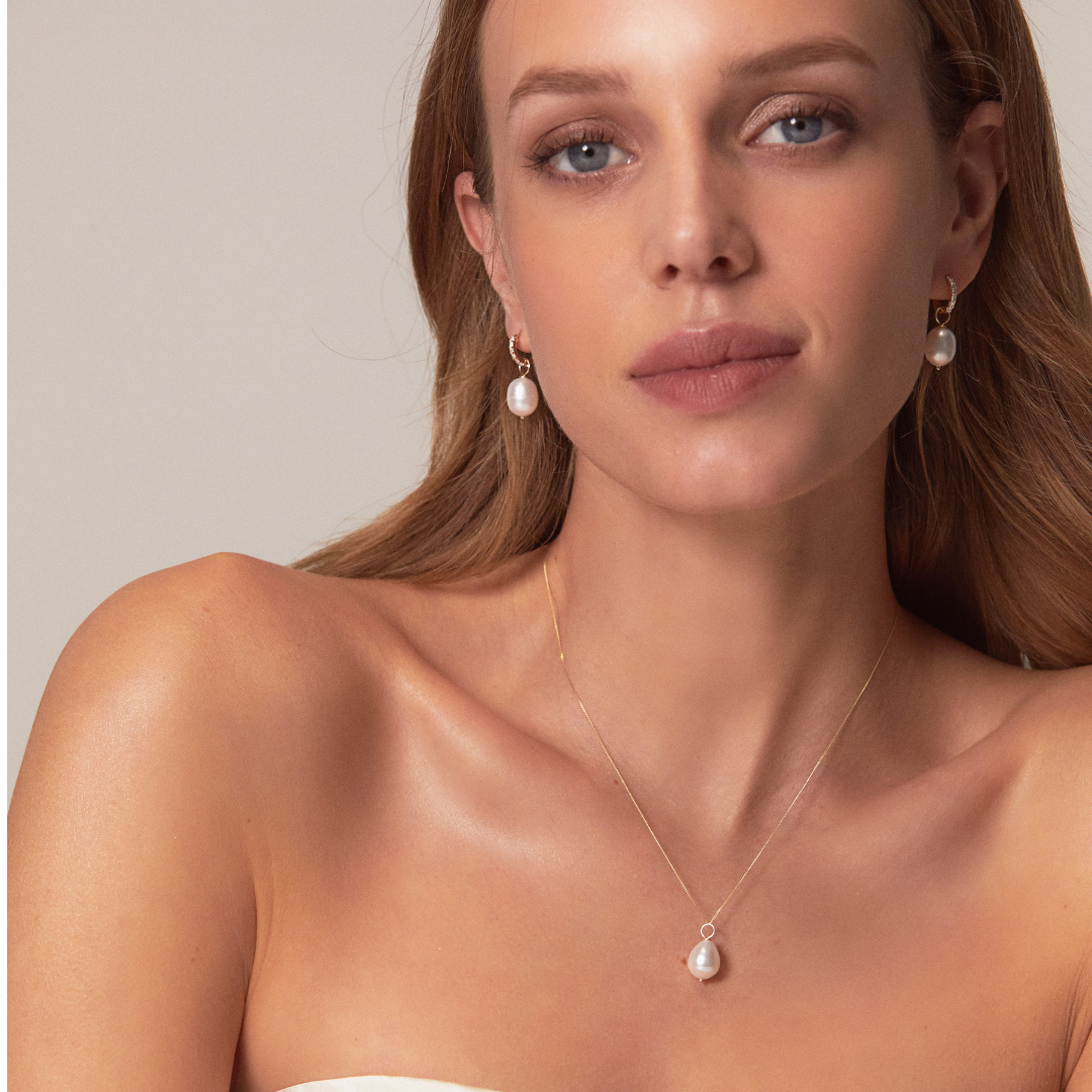 Gold-Tone Pearl-Style Drop Huggie Earrings and Large Pearl-Style Necklace Set