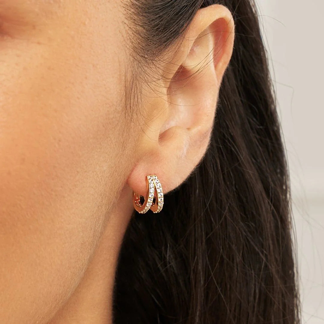 Gold-Tone Double Crystal-Style Huggie Hoop Earrings