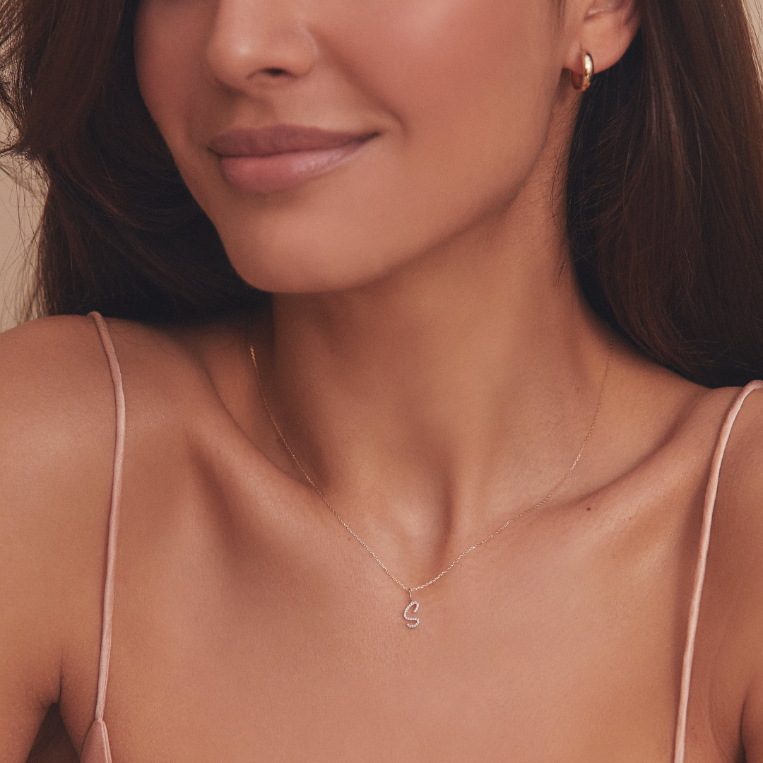 Silver-Tone Crystal-Style Curved Initial Letter Necklace