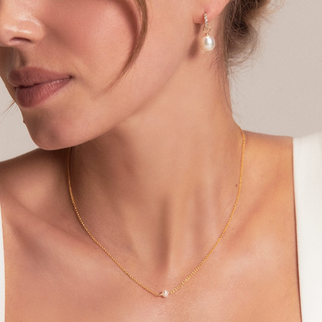 Gold-Tone Pearl-Style Drop Huggie Earrings and Single Pearl-Style Choker Set