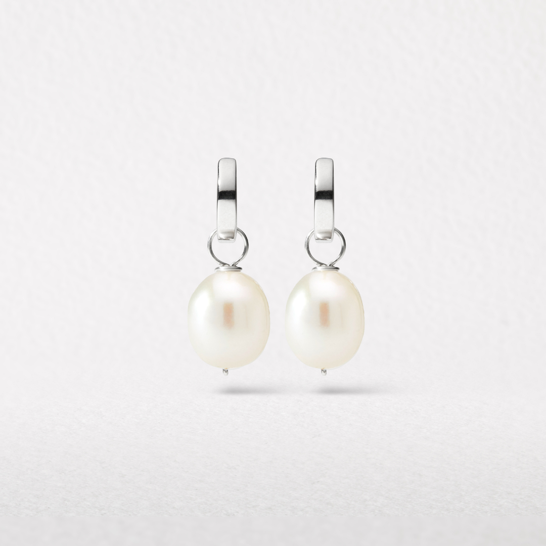 Silver-Tone Plain Huggie Pearl-Style Drop Hoop Earrings