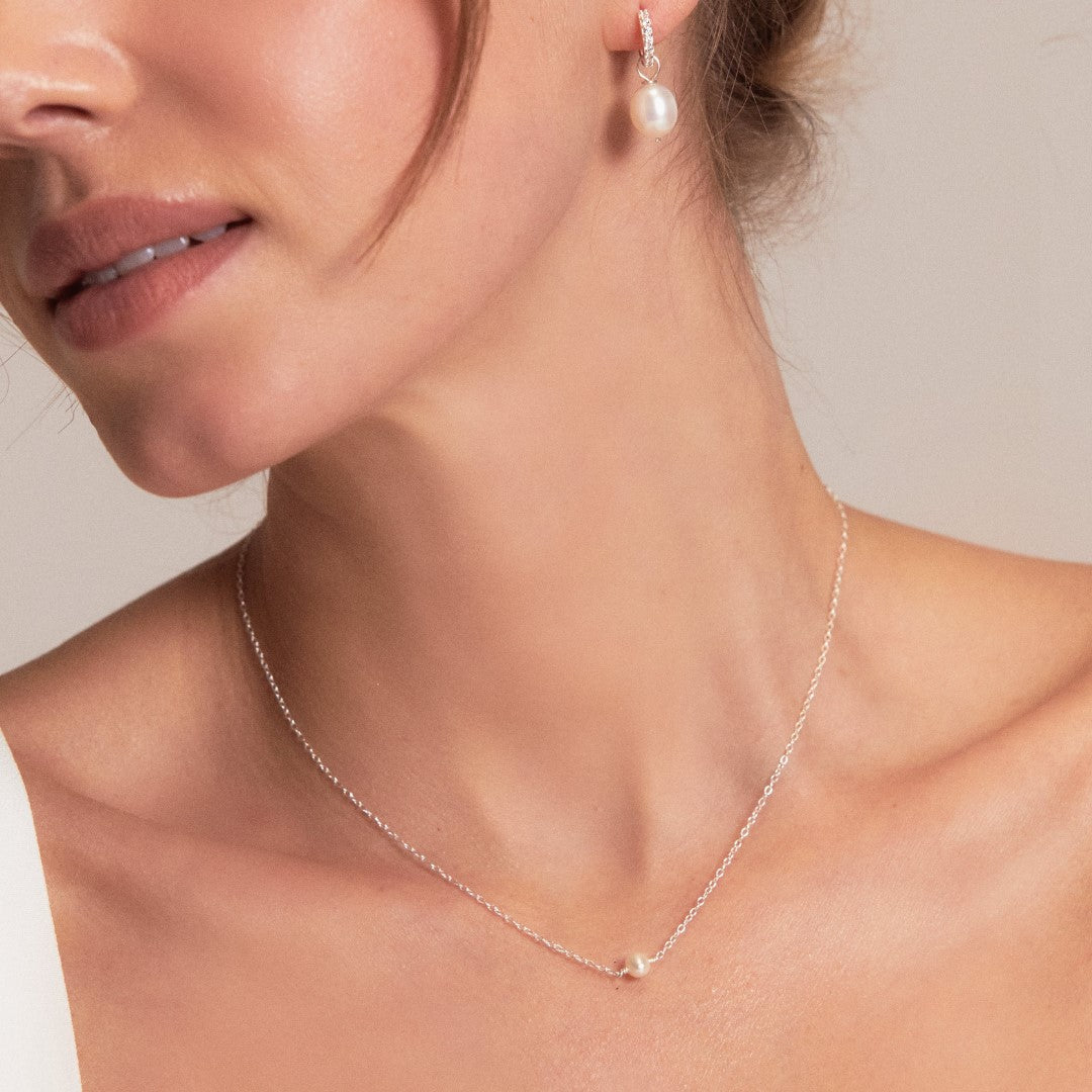 Silver-Tone Pearl-Style Drop Huggie Earrings and Single Pearl-Style Choker Set