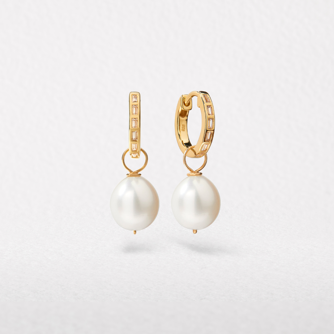 Gold-Tone Crystal-Style Baguette Pearl-Style Drop Hoop Earrings