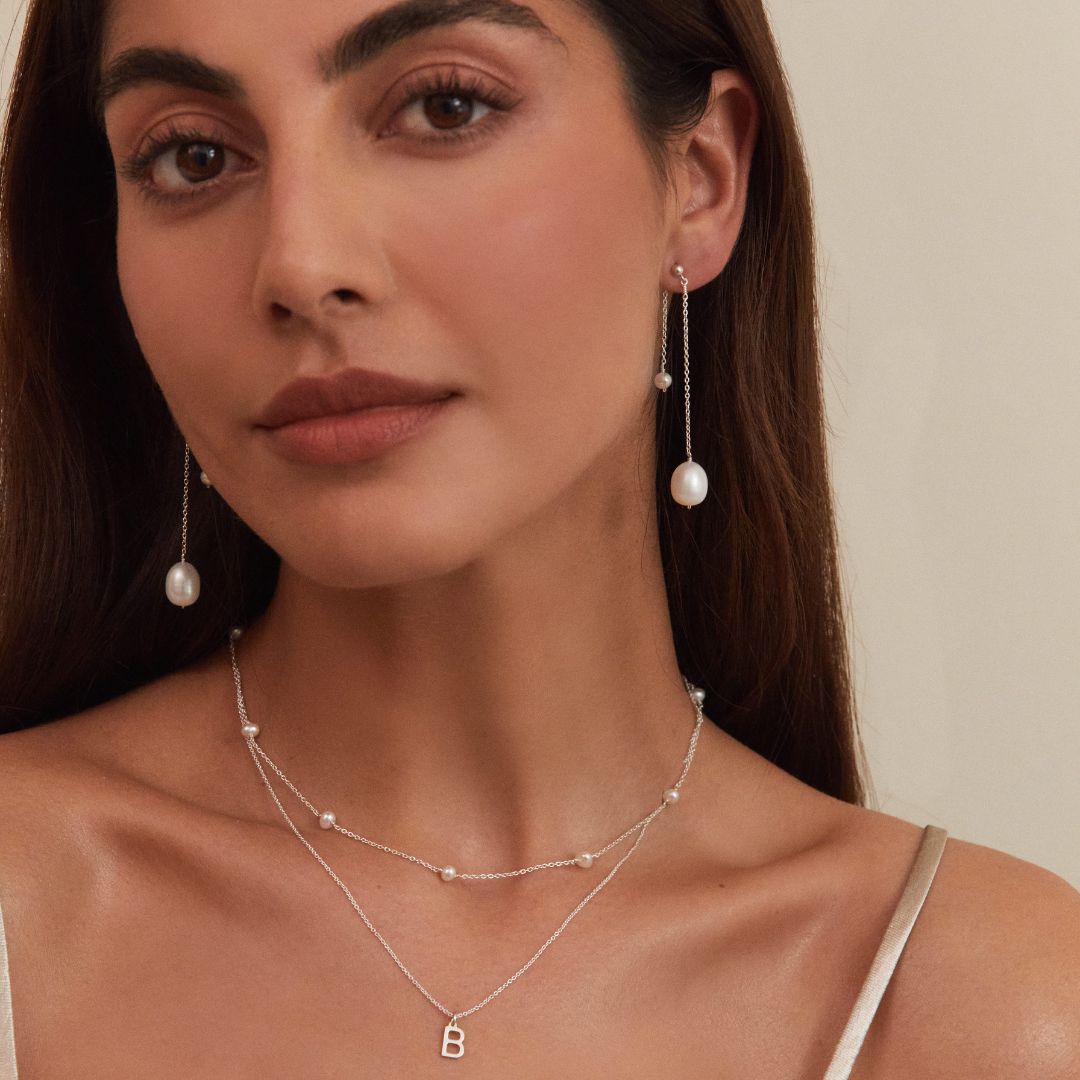 White Gold-Tone Layered Large and Small Pearl-Style Earrings
