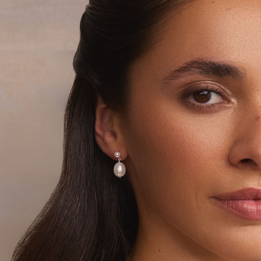 Silver-Tone Double Pearl-Style Drop Stud Earrings