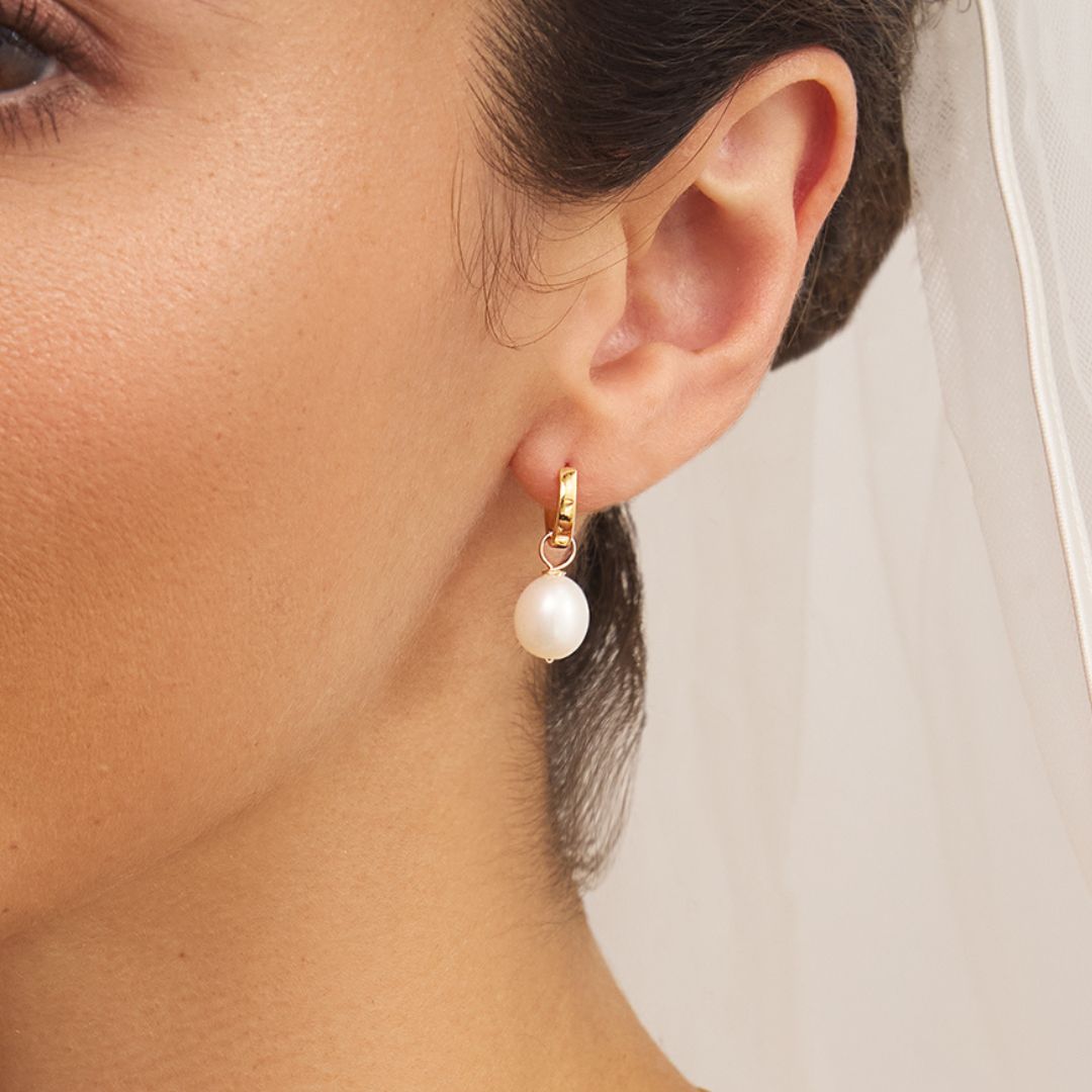 Gold Plain Huggie Pearl Drop Hoop Earrings