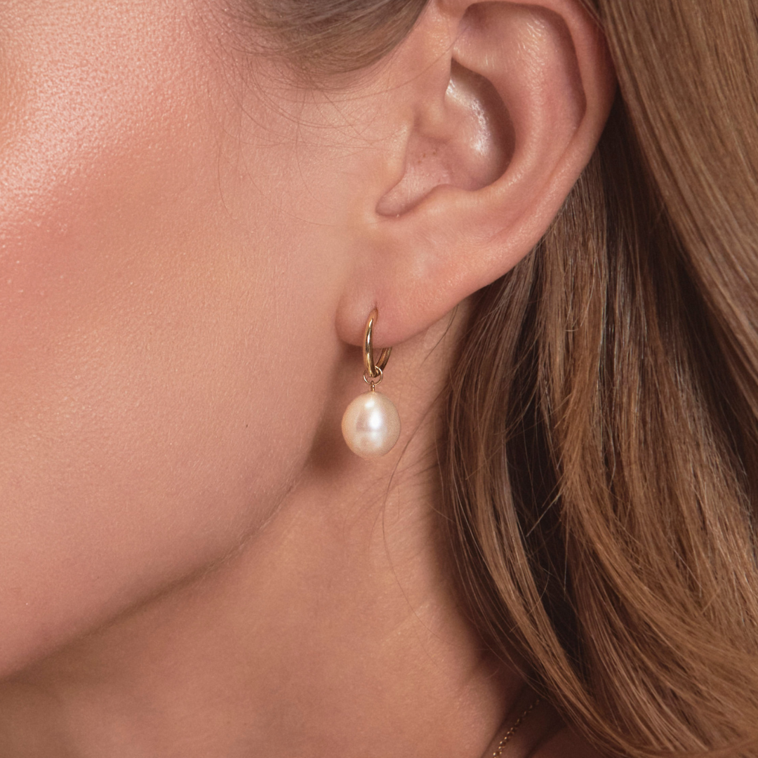 Gold-Tone Round Pearl-Style Drop Huggie Hoop Earrings