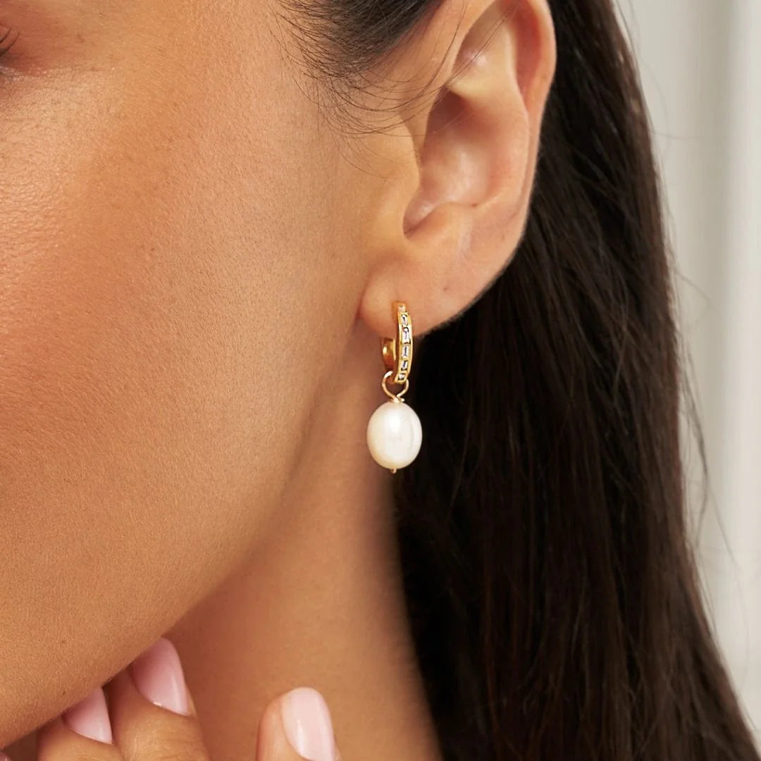 Gold Diamond Style Baguette Pearl Drop Hoop Earrings