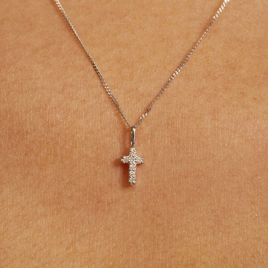 White Gold-Tone Crystal-Style Tiny Cross Necklace