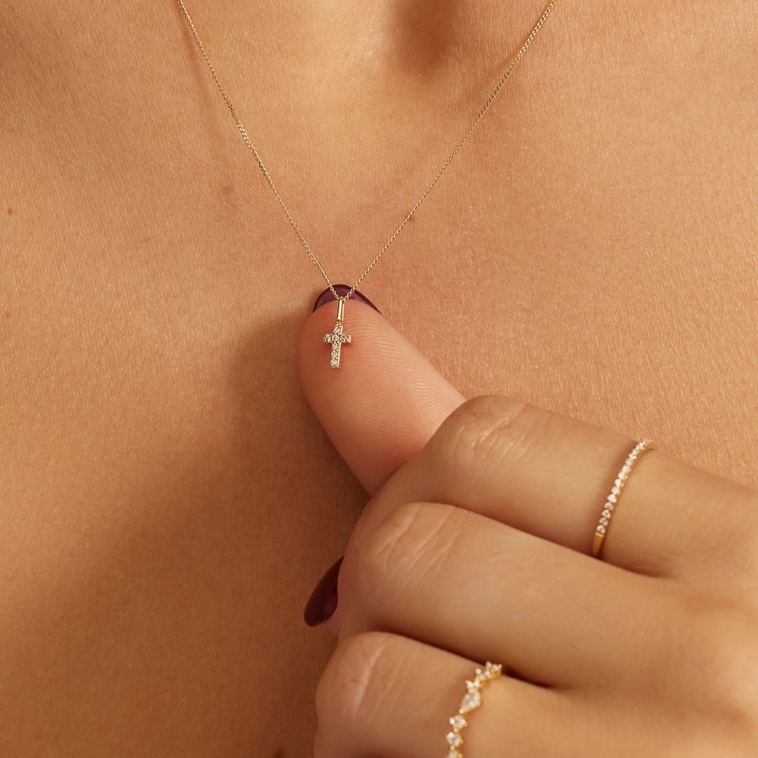 Gold-Tone Crystal-Style Tiny Cross Necklace