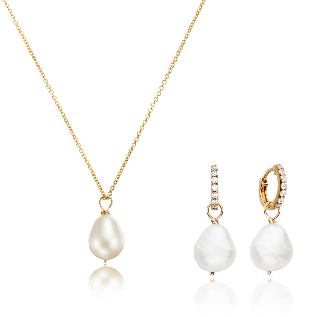 Gold-Tone Pearl-Style Drop Huggie Earrings and Large Pearl-Style Necklace Set