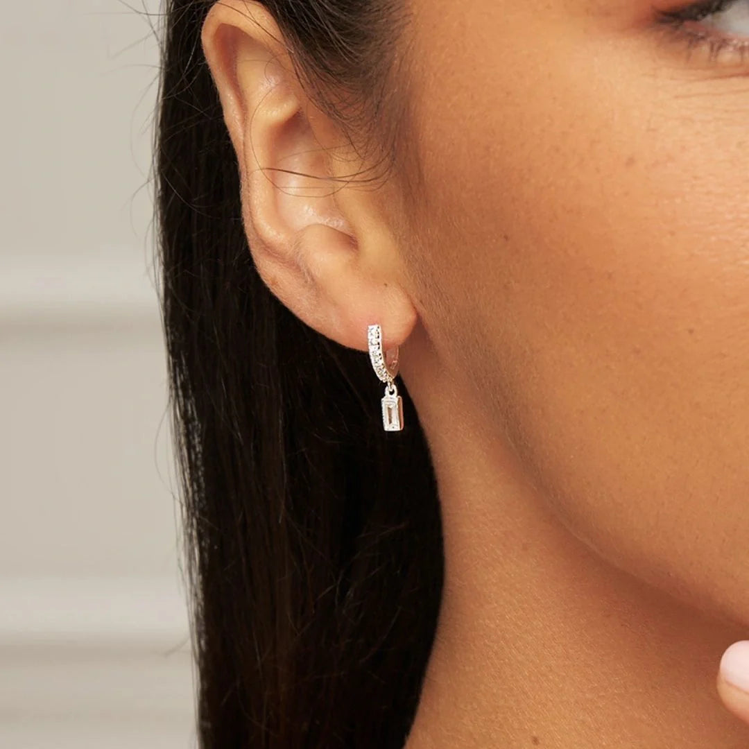 Silver Diamond Style Baguette Drop Huggie Hoop Earrings