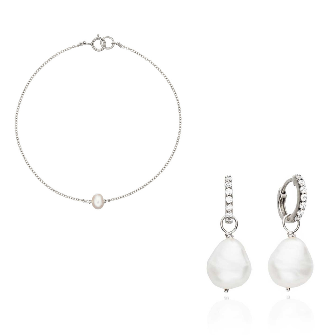 Silver-Tone Pearl-Style Drop Huggie Earrings and Single Pearl-Style Bracelet Set