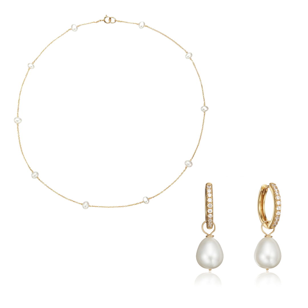 Gold-Tone Crystal-Style Large Pearl-Style Hoop Earrings and Ten Pearl-Style Choker Set