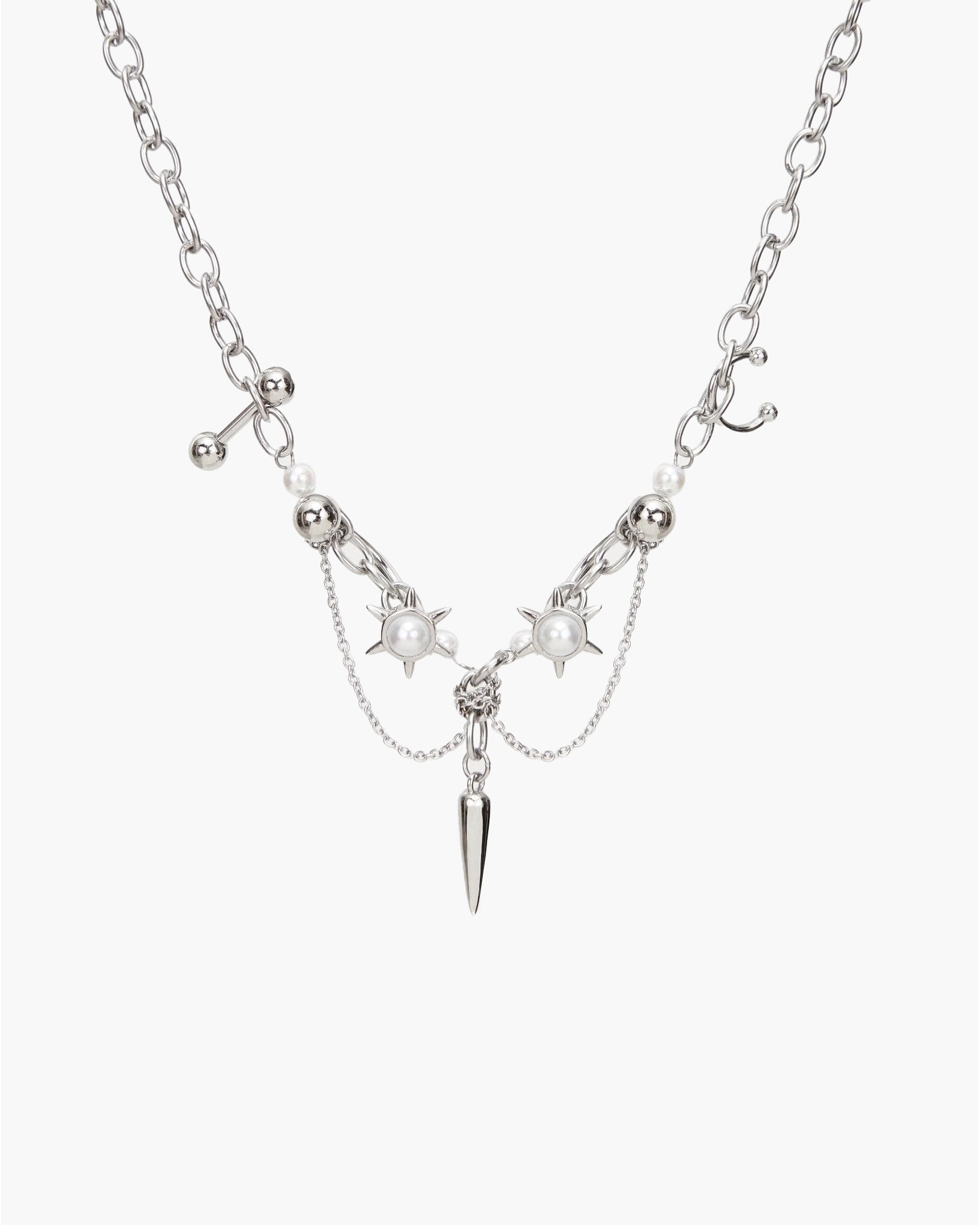 Brazen Ballad Spike Necklace with Pearl-Style Accents in Silver-Tone