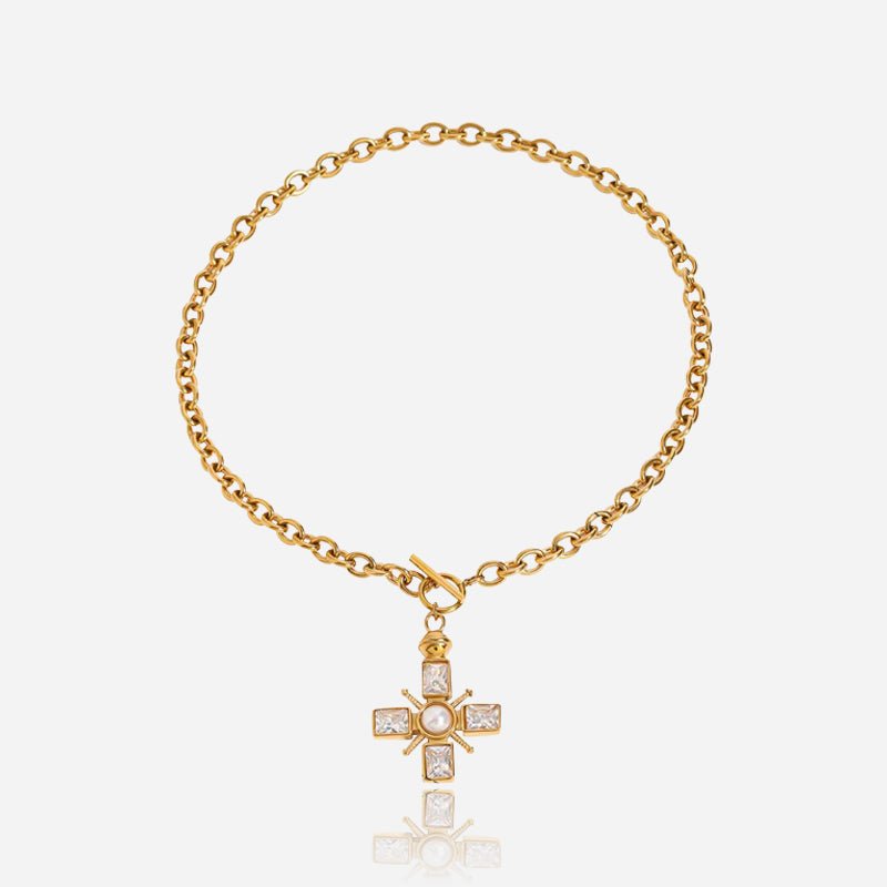 Celestial Compass Crystal-Style Cross Pendant Necklace in Gold-Tone