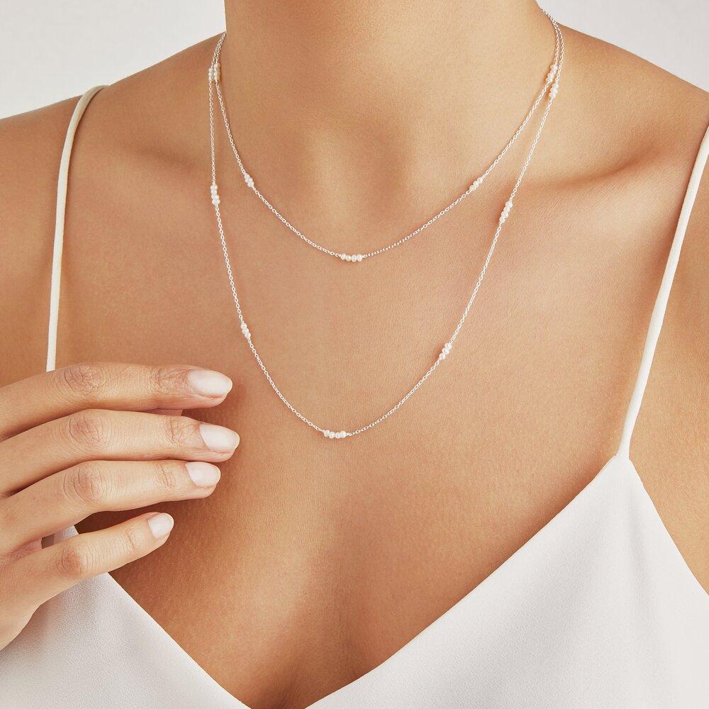 Solid White Gold Layered Mini Pearl Necklace