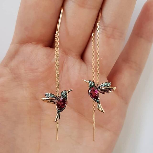 Hummingbird Threader Earrings with Crystal-Style Accents
