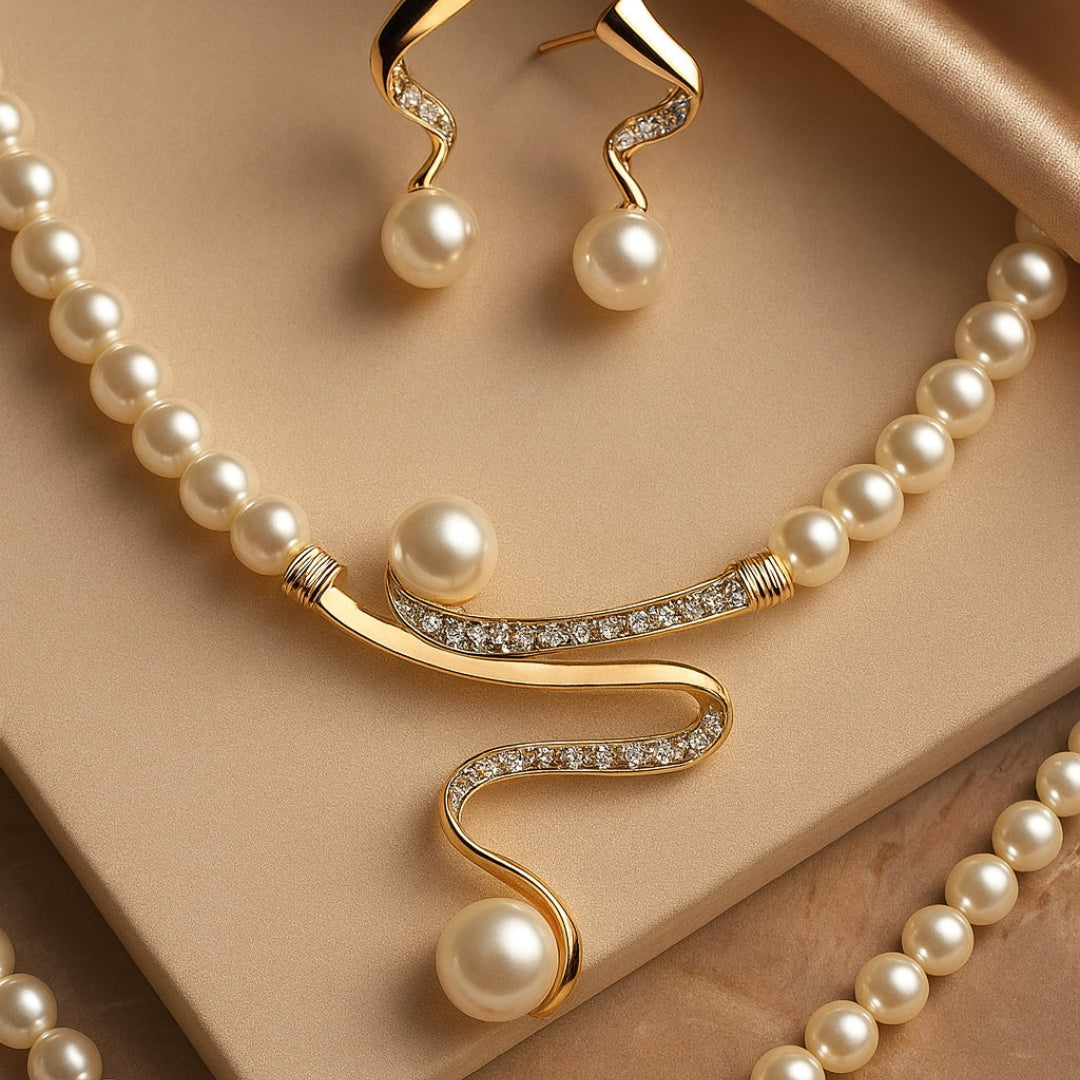 Pearl-Style Necklace and Earrings Set in Gold-Tone