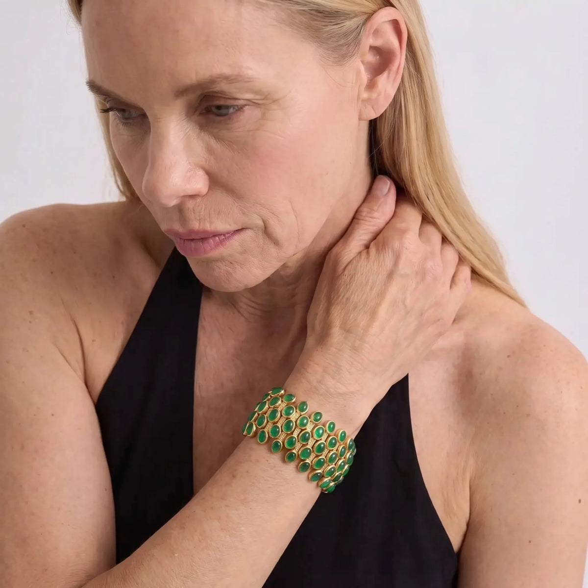 Emerald Mosaic Gold-Tone Green Crystal-Style Statement Bracelet