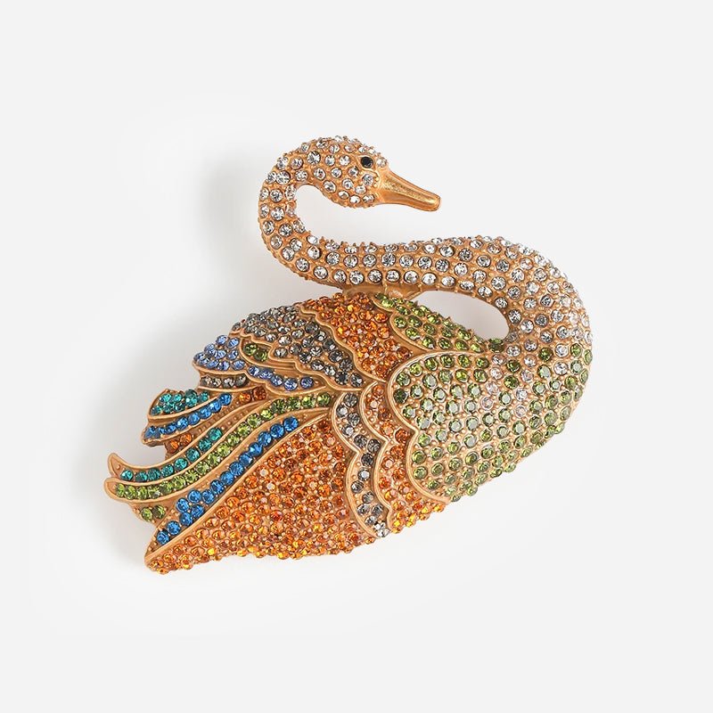 Gold-Tone Aurora Swan Brooch with Multicolor Crystal-Style Accents