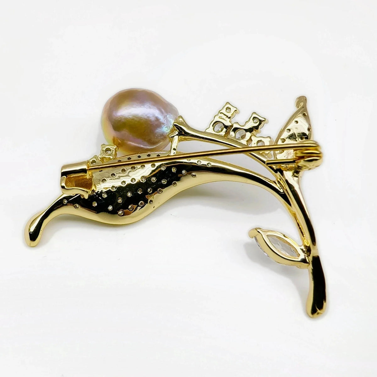 Crystal-Style Leaf Brooch with Pearl-Style Accent in Gold-Tone