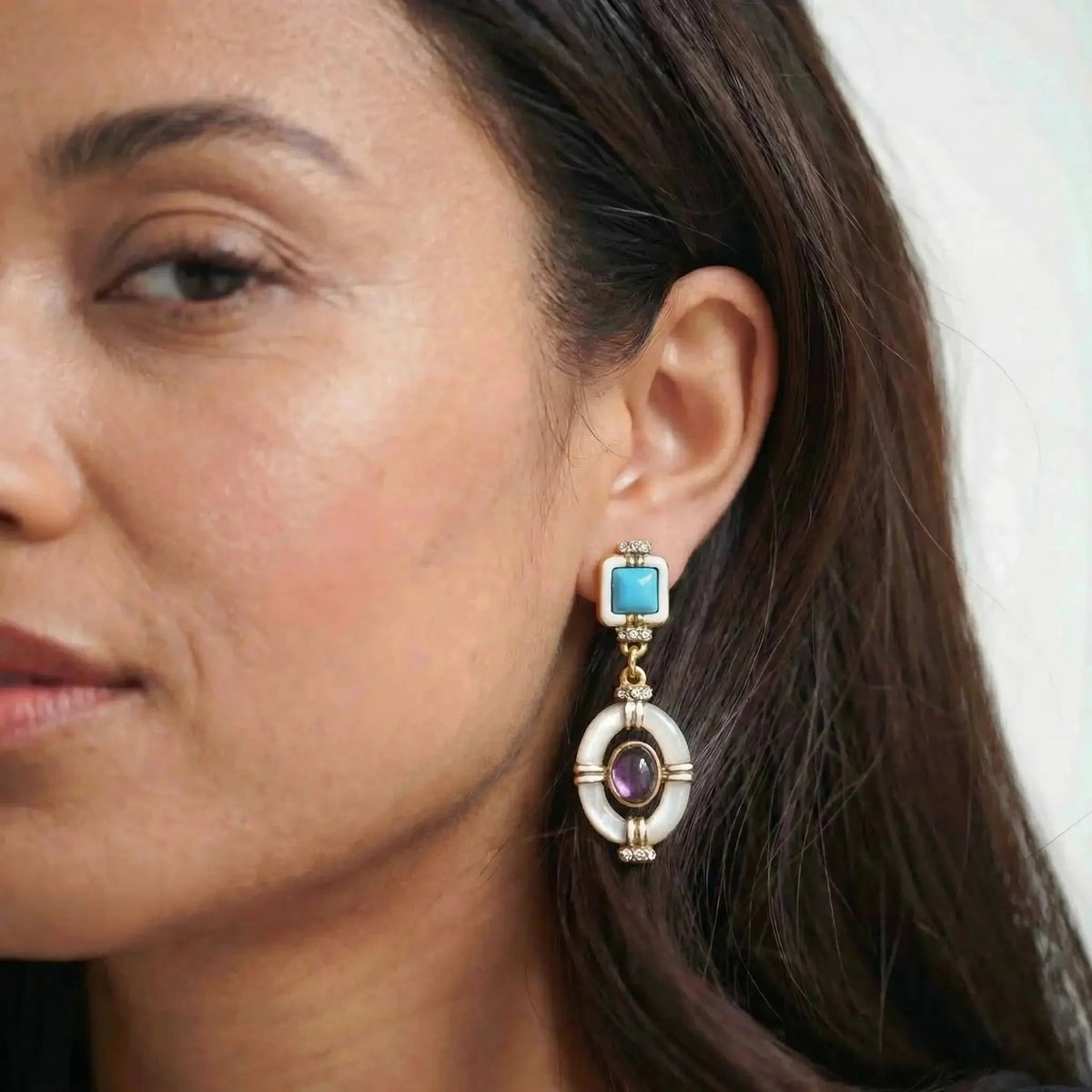 Enamel Frame Drop Earrings with Crystal-Style Accents in Gold-Tone