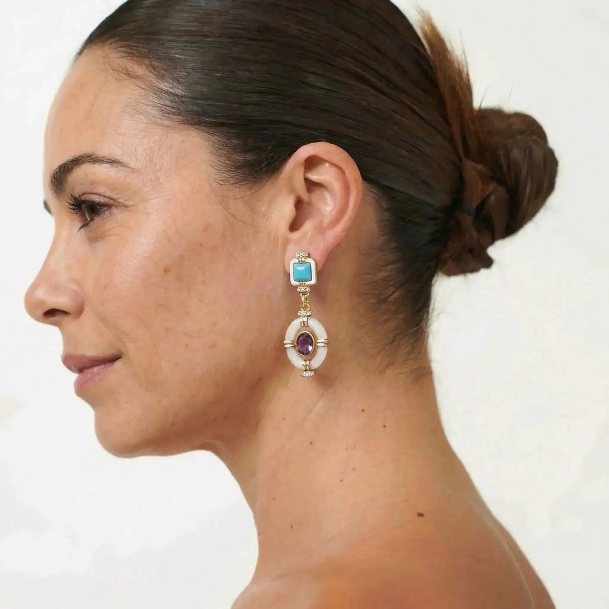 Enamel Frame Drop Earrings with Crystal-Style Accents in Gold-Tone